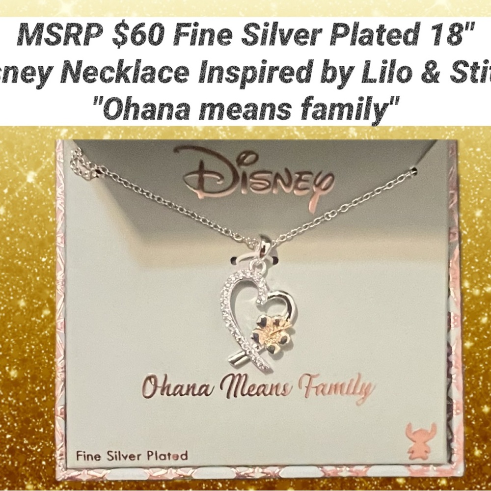 Disney Necklace Lilo & Stitch Heart w Hibiscus Fine Silver Plated MSRP $60 18”